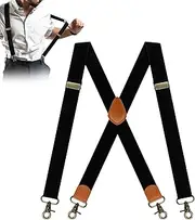 [Cverny] Men's Adjustable X Back Suspenders with 4 Snap Hooks, Mens Leather Suspender with Metal Buckles Clips for Jeans Pants, Black