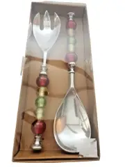 New Salad Serving Utensils Set Fork & Spoon Red Green Beaded Stainless Steel