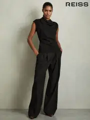 Reiss Black Cobi Draped Jersey-Twill Sleeveless Top (AL6686) | $260