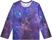 [Pfrewn] Kids Universe Starry Galaxy Long Sleeve Rash Guard Shirt Space Shiny Swim Shirt for Boys Girls UPF 50+ 3-12T