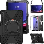 360 Rotation Case for Samsung Galaxy Tab S9+ 12.4'' 2023/S8+ /S7+/S7 FE，with Shoulder Strap S Pen Holder Rotatable Kickstand/Handle Rugged Silicone Case(Balck)