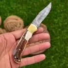 Custom Damascus pocket knife hunting Folding knife for camping Stag Horn Handle