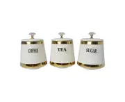 Set 3 White & Gold Trim Ceramic Kitchen Canisters- Coffee Tea Sugar