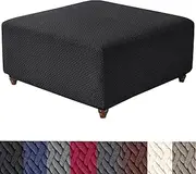 HFCNMY Stretch Knitted Jacquard Ottoman Cover - Thick Washable Slipcover for Square Storage Ottoman With Elastic Bottom - Large, Black