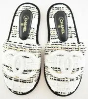 Chanel 19C Black White Gold Tweed House Slipper CC Logo Slip On Mule Flats XS