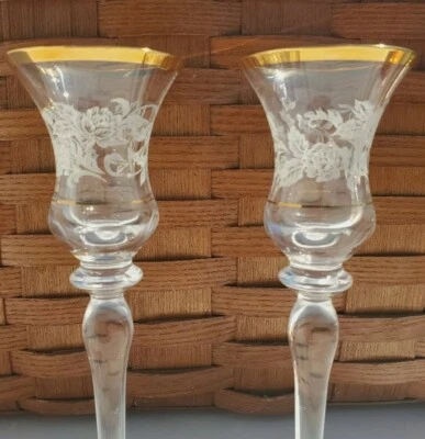 2 Mikasa Antique Lace Crystal Candlestick Holders gold rim etched floral 7 1/2"