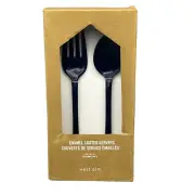 West Elm Enamel Salad Servers Utensil Serving Set of 2 Navy Blue Fork Spoon