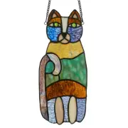 13" H Crazy Cat Stained Glass Window Hanging Panel - Handcrafted Suncatcher -...