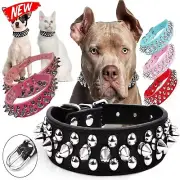 Dog Collar Leather Studded Black Brown Small Medium Large Breeds Pet Adjustable