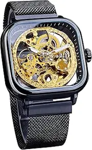 [FORSINING] Automatic Watches Mechanical Wrist Watch Golden for Mens Skeleton Watches with Stainless Steel Transparent Dial with Royal Flower Movement Carving