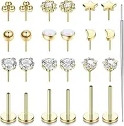 [Kakonia] 20G 18G 16G Threadless Nose Studs Rings for Women Men 316L Surgical Steel Push in Flat Back Earrings CZ Lip Labret Nose Rings Studs Cartilage Helix Conch Medusa Nostril Tragus Piercing Jewelry