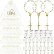 AIOMOB 50 Sets Baptism Favors for Guests Acrylic Rosary Beads Faux Pearls Organza Gift Bags Thank You Cards Silver Angel Charm Keychain for Baptism Christening First Communion Party Supplies (Gold)
