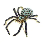 14K Yellow Gold Natural Opal Sapphire and Ruby Art Deco Style Spider Brooch