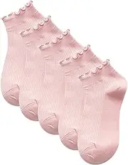 [Generic] 5 Pairs Crew Socks for Women Breathable Solid Color Cotton Knit Short Ruffle Sock Low Cut Lightweight Ankle Stockings