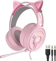 AsrMyjcx PSH Gaming Headset with Microphone, PC Headset with Stereo Surround Sound,Over-Ear Headphones for Laptop PC, Pink Cat Ear