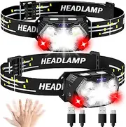 Lsnisni Headlamp LED Rechargeable Pack of 2, Red Light & Motion Sensor, Head Torch 2000 Lumens Rechargeable, 6 Light Modes, IPX5 Waterproof for Children and Adults Camping, Jogging, Fishing