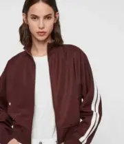 All Saints Womens Jacket Marty Track Top Ox Blood Zip Closure Snap Front Pockets