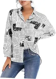 FOYTOKI Women Fashion Newspaper Print Blouse Single Breasted Lapel Long Sleeve Shirt for Spring and Summer Casual Stylish XL