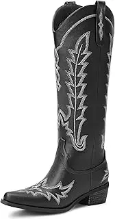 [Rivalran] Cowboy Boots for Women - Knee High Embroidered Western Cowgirl Boots, Pointed Toe Chunky Heel Retro Country Boots, Pull On Zipper Vintage Fashion Tall Boots for Girls Ladies