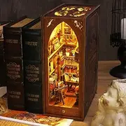 Tzgsonp 3D Wooden Puzzle Bookends, DIY Book Nook Kit, Magic Book House Model Building Kit Insert Decor with Sensor Light, Stand Bookshelf for Home Decorative Books Ornaments, Yellow