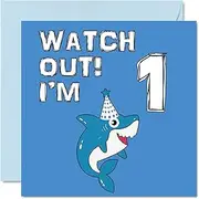1st Birthday Card Boy - Shark Watch Out - Happy Birthday Card 1 Year Old Boy, Boys Cards for Him, 145mm Greeting for Son Brother Grandson Nephew Cousin God Son