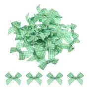 30Pcs Mini Gingham Ribbon Bow 1.5" Checkered Fabric Satin Sky Blue and Yellow
