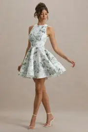 Waverly | Green Porcelain Print Racer-Neck Sleeveless Skater Mini Dress