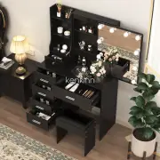 Bedroom Furniture Black Vanity Makeup Desk Dressing Table W/ LED Mirror & Stool