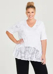 [TS] Taking Shape Mesh Overlay Foil Bamboo Top Size 20 in White / Silver - Plus Size Women's Clothing White / Silver