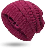 [Salalacap] Womens Satin Lined Winter Beanie Cable Knit Beanie for Women Silk Lining Slouchy/Pompom/Ponytail Hat Skull Warm Cap