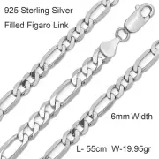 Chain 925 Sterling Silver Filled Solid Real Statement Figaro Necklace 55cm