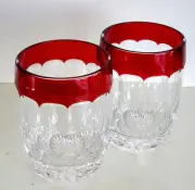 2 WATERFORD SIMPLY RED RUBY CASED CUT TO CLEAR CRYSTAL WHISKEY DOF ROCKS SIGNED
