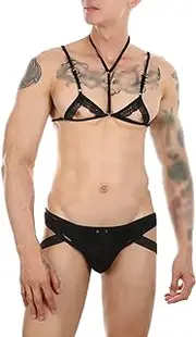 [Generic] Men'S Lingerie Sissy Lace Bra Panties Set Sheer Crossdresser Gay Underwear Nightwear Sexy Thong Lingerie Sleepwear