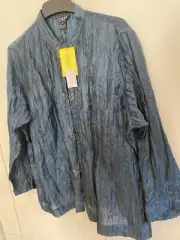 CITRON Santa Monica Blue Women's 1X Linen Blend Mandarin Collar Hook Clasp NWT