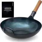 YOSUKATA Flat Bottom Wok Pan - 34 cm/13.5" Blue Carbon Steel Wok- Preseasoned...