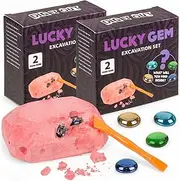 MIJOMA Children's Excavation Set - Set of 2 with Gemstones for Digging & Collecting - Includes Hammer & Brush - Treasure Hunt Toy for Children