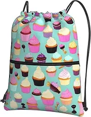 EdWal Cupcake Pattern Print Drawstring Backpack Gym Bags Sports Bags With Zipper Pocket For Travel Beach, Black, One Size