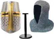 ® Medieval Crusader Helmet Replica + Aluminium Chainmail Coif V-Neck+ Wooden Hel