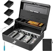 Polspag Large Cash Box with Security Cable & Coin Cover,Sturdy Steel Money Boxes with Money Tray and Key Lock, Portable Safe Locking Cash Boxes, Adjustable Coin Box,Deluxe Tired Safe Box (Black-Key)