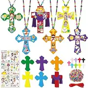 24 Sets Religious Cross Necklace Craft Kit，DIY Easter Crafts with Paper Crosses and Beads Christian Bible Sunday School Activity Church Party Favors VBS Gift and Classroom Prizes