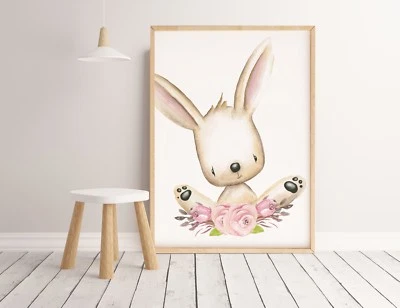 Baby, Girl Nursery Bedroom Wall Art decor Boho Floral Sitting Bunny Print series