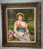 Beautiful East European Lady in Traditional Dress with Flowers - ornate frame