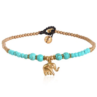 Noble Elephant with Green Turquoise & Brass Beads Handmade Anklet