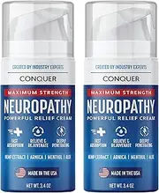 Conquer Products Relief Cream – Maximum Strength Relief Cream for Feet, Hands, Legs, Toes – Includes Arnica, Aloe Vera, Hemp Extract – 3.4oz Airless Bottle (Pack of 2)