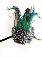Black Sequin Peacock Feather Mask Handmade One Of A Kind