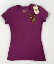 Ed Hardy Women’s Purple X-Small Embroidered Patch Logo Double Sided T-shirt