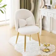 VINGLI Boucle Girls Vanity Chair with Back & Pillow,Cute Small Cozy Desk Chair No Wheels,Comfy Makeup Ch with Ajustable Gold Legs,for Bedroom,Living Room,Small Space,White