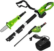 2-in-1 Pole Saw + Pole Hedge, 191-245cm Telescopic Hedge Trimmer with Battery & Charger, 90° Adjustable Head Cordless Pruning Lopper with 3 Gear Adjustable Chain(0°/15°/30°)
