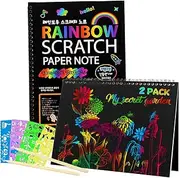 Sunbilien Rainbow Scratch Art Paper for Kids, 2 Pack Scratch Paper Notebooks Set w/ 6 Stencils 2 Wooden Styluses for Drawing Doodling Painting - DIY Arts and Crafts Easter Christmas Birthday Kids Adults
