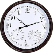 15 Inch Indoor/Outdoor Waterproof Wall Clock, Outdoor Clock with Thermometer and Hygrometer Combo, Retro Round Silent Battery Operated Quartz Wall Clock for Patio Home Bathroom Porch Pool (Brown)